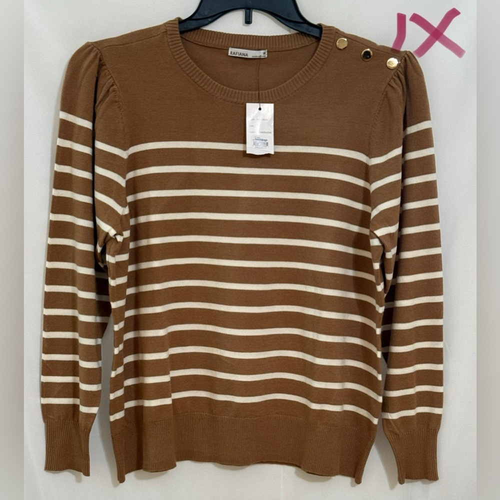 Brown and White Crew Neck Striped Sweater